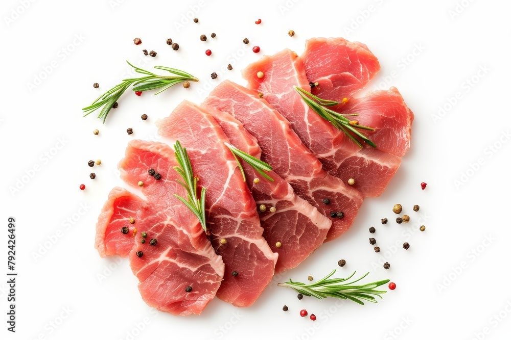 Top view of spices on sliced raw pork meat isolated on white background Flat lay