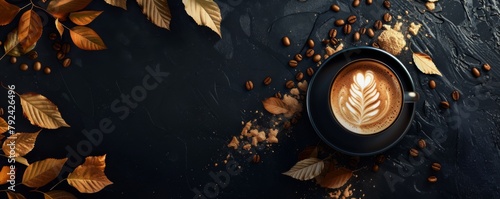 3d render of coffee cup with latte art and golden leaves on black background