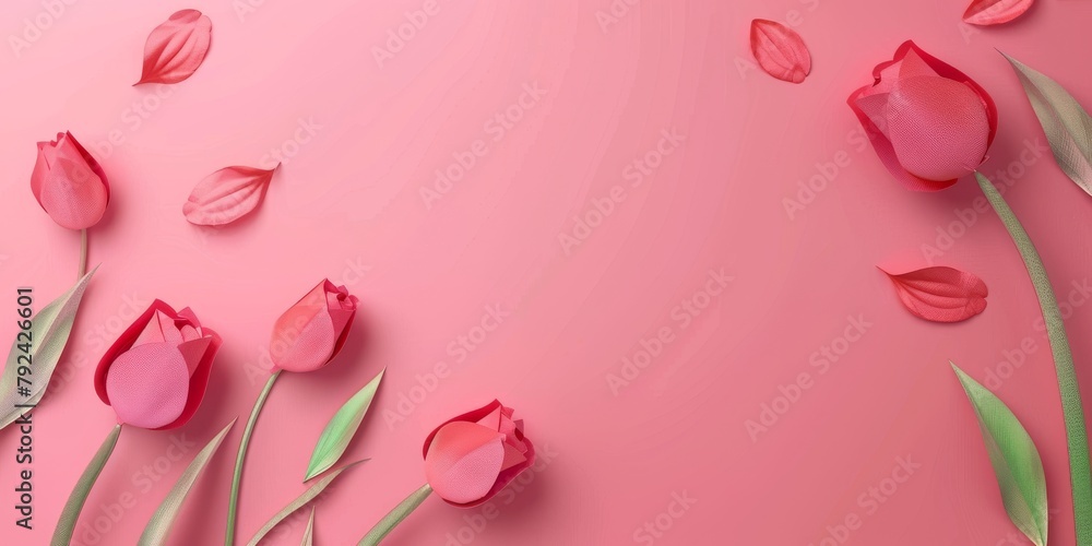 Pink Tulips and Green Leaves on Pink Background Pink Tulips and Green Leaves on Pink Background