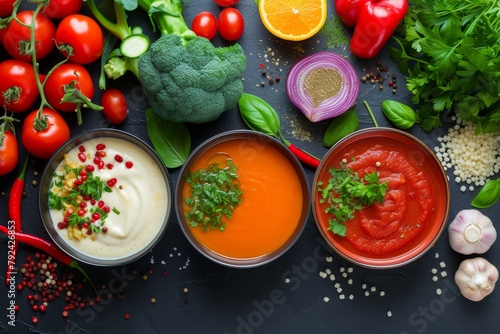 Top view of various vibrant vegetables and ingredients for cream soups representing healthy and vegetarian diet