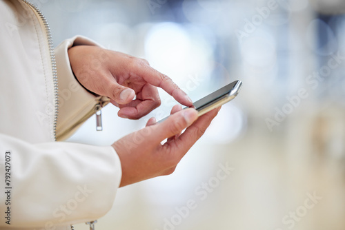 Fotografija Hands, phone and woman in mall texting online to search for bargain notification, social media or internet