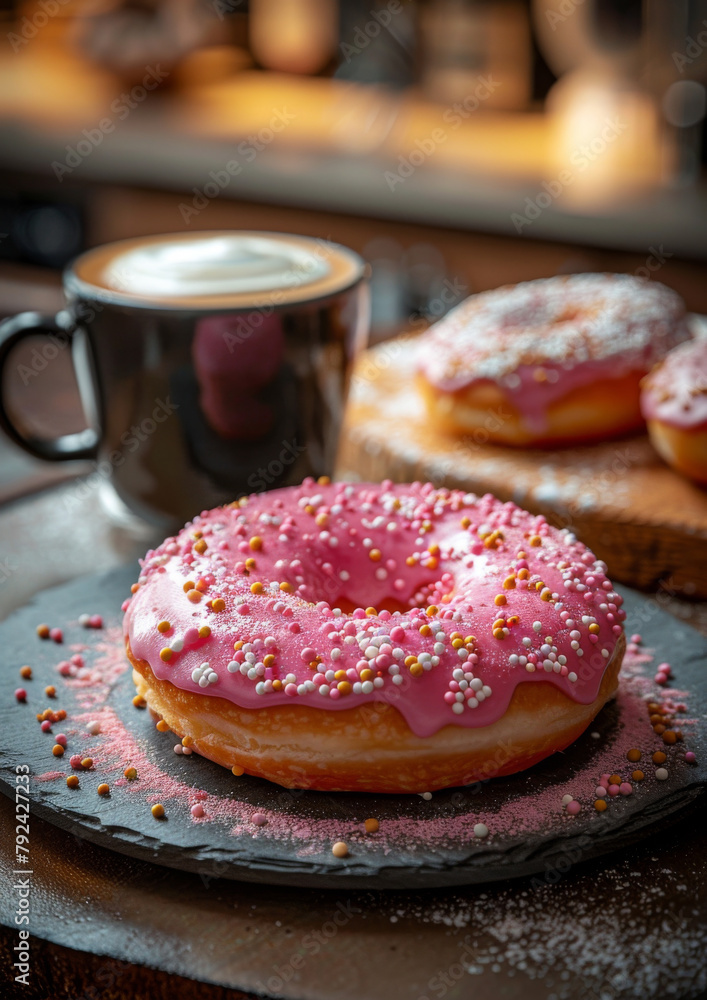 Close-up of delicious frosted donut on dark plate next to a cup of fresh coffee. On bistro countertop. Close-up of delicious frosted donut on dark plate next to a cup of fresh coffee. On bistro countertop.