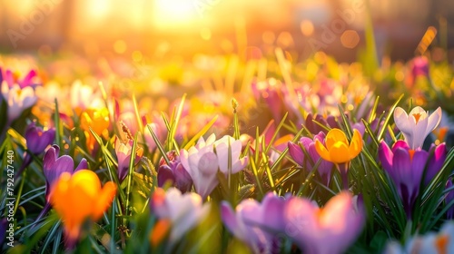 Colorful crocuses in the grass, illuminated by sunlight