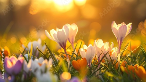 Colorful crocuses in the grass, illuminated by sunlight photo