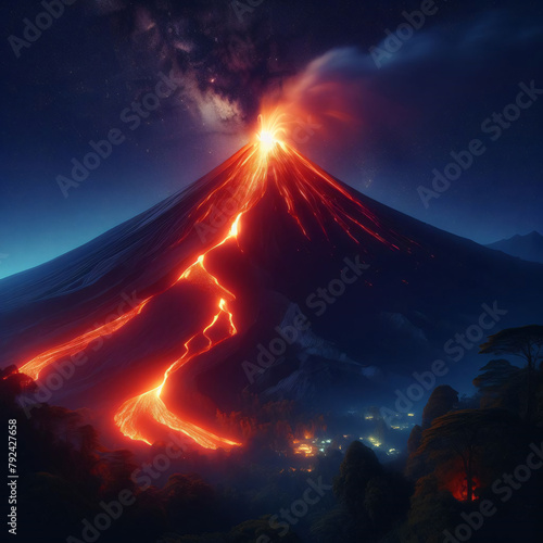 Erupting volcano landscape at night with lava flows