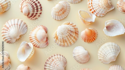 seashells scattered on a light yellow background. Top view  flat lay  copy space