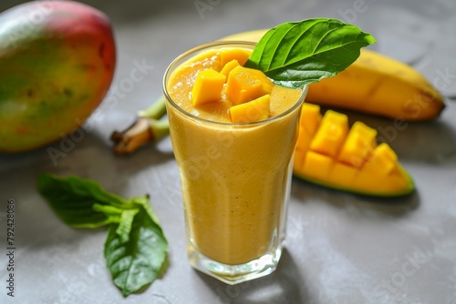 Tropical mango and banana smoothie in a bottle with fresh fruit mint and straw on white background
