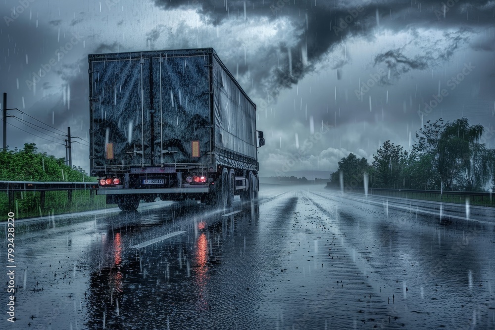 Truck in heavy rain on wet road under cloudy sky