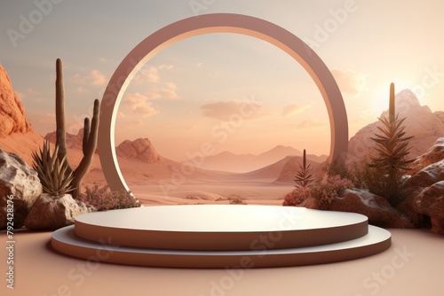 3d rendering of a product display stage in the middle of a vast desert