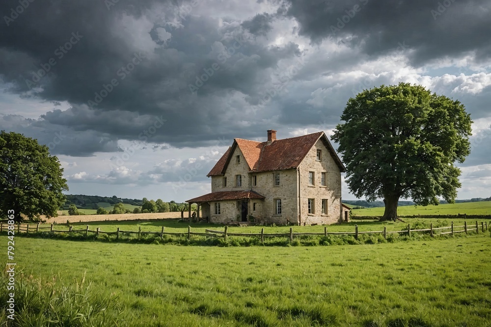 A farmhouse under cloudy skies