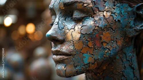 The adult female human head look at side view in the contemplation that has been created from the scattered and uncompleted colourful jigsaw puzzles by gather them in form of the woman head. AIGX03.