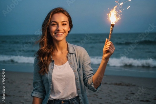 Cheerful young female in casual clothes smiling and holding burning Bengal light while standing near waving sea during evening © ThomasLENNE