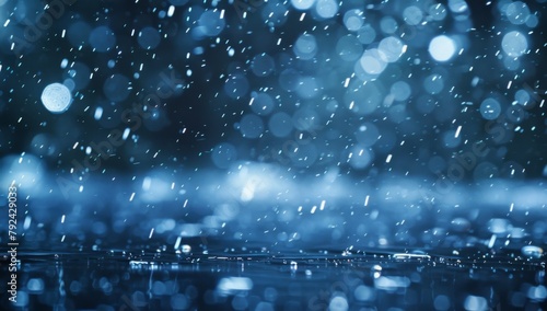 A dark blue background with rain falling down, light snowflakes falling in the sky
