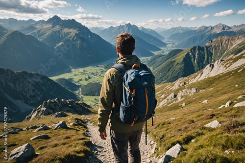 Man with a backpack hiking the mountains photo
