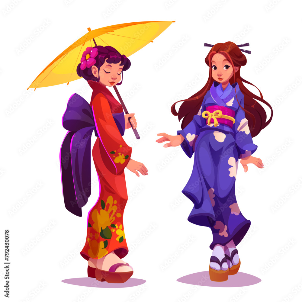 Fototapeta premium Geisha in Japanese kimono. Traditional girl dress in Japan. Beautiful asian costume. Female character wearing oriental national style with umbrella isolated design set. Pretty lady for kabuki