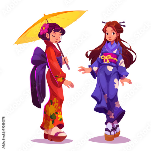 Geisha in Japanese kimono. Traditional girl dress in Japan. Beautiful asian costume. Female character wearing oriental national style with umbrella isolated design set. Pretty lady for kabuki © klyaksun