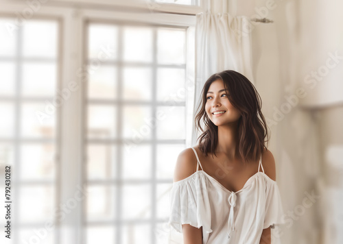 Joyful Asian Woman in Sunlit Room, Radiating Happiness, Youthful and Relaxed Atmosphere