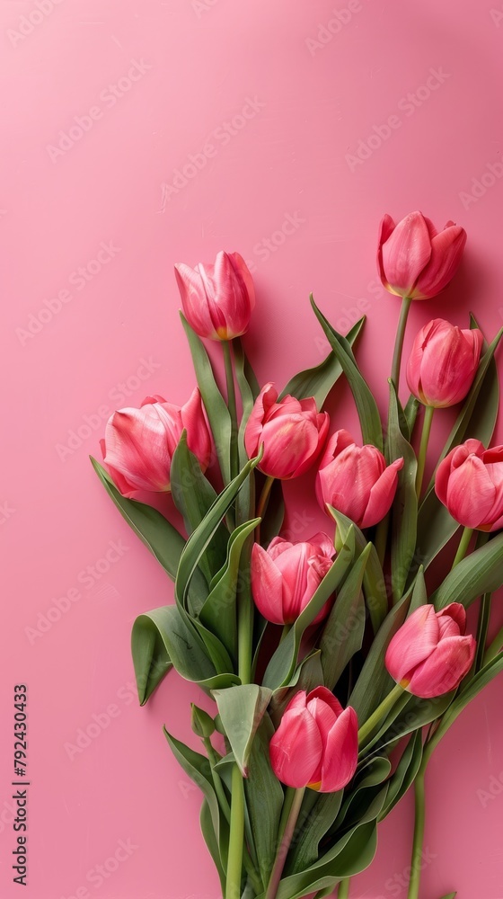 Fototapeta premium Pink Tulips Bouquet on Pink Background