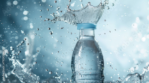 A bottle of water is being poured into a glass, creating a splash of water. Concept of refreshment and hydration, as well as the simple pleasure of drinking water photo