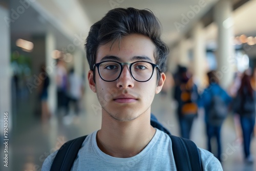 Young male student in campus centered portrait with empty background