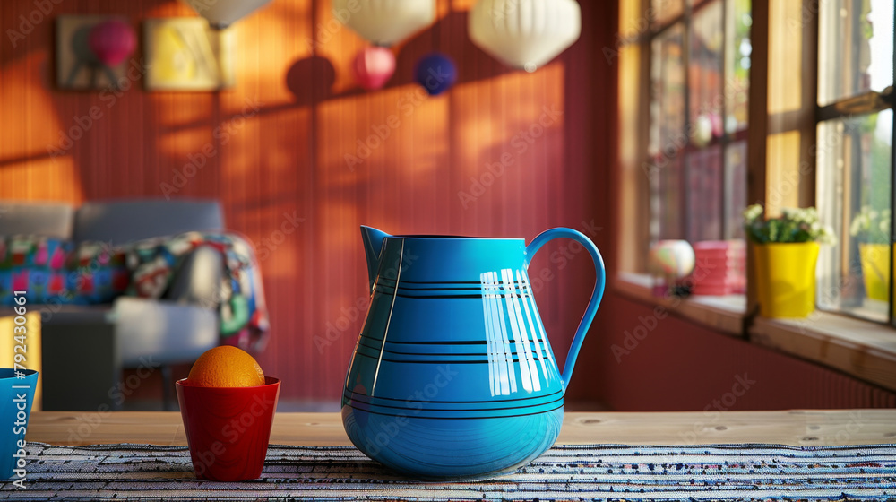 Modern colorful kitchen pitcher on dining table. Contemporary design. Living, kitchen, dining, container. - obrazy, fototapety, plakaty 