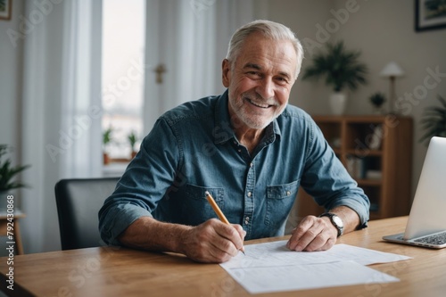 Senior man with paper smilingwhile sitting on table at home