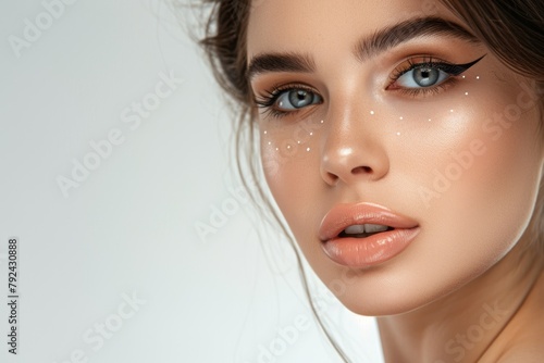 Young woman with flawless skin applies eye cream showcasing her natural beauty with full lips Facial enhancements may include plastic surgery and dermal fillers