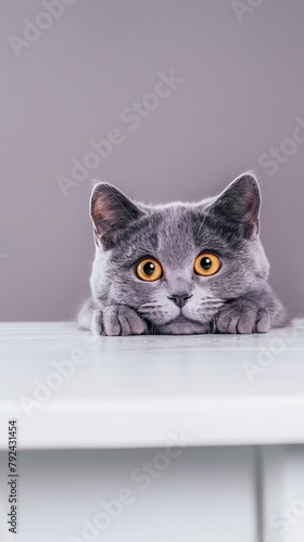 beautiful grey british cat peeking out from white table