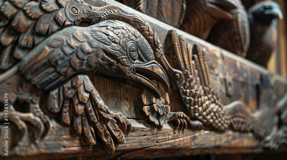 Naklejka premium A dark wooden saddle rack with carved images of ravens and crows instead of horses .