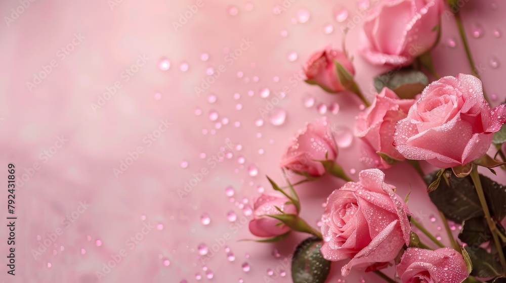 Obraz premium Pink Roses With Water Droplets on a Pink Background