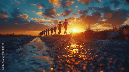 start up of runner group running on sunrise on road,art illustration photo