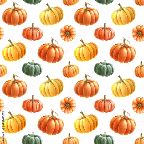Bright different pumpkins seamless pattern. Watercolor painted illustration. Hand drawn ripe orange autumn harvest pumpkin decoration. Thanksgiving and halloween bright seamless pattern element