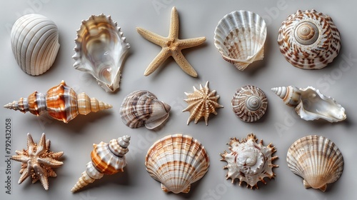 beach finds small seashells fossil coral and sand dollars puka shells a sea urchin and a white starfish sea star ocean summer and vacation design elements isolated ,art image photo