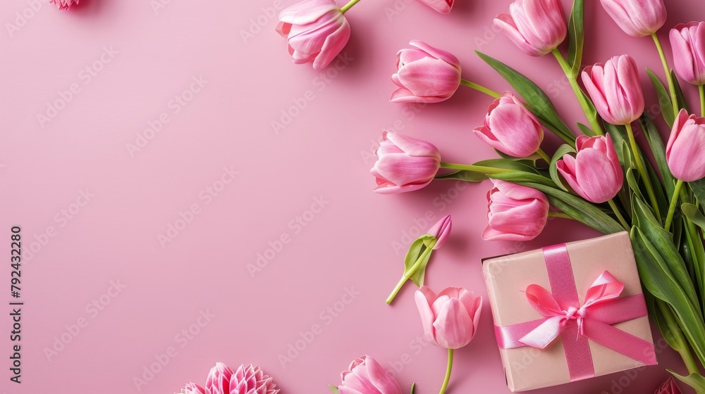 Pink Tulips and Present on Pink Background Pink Tulips and Present on Pink Background