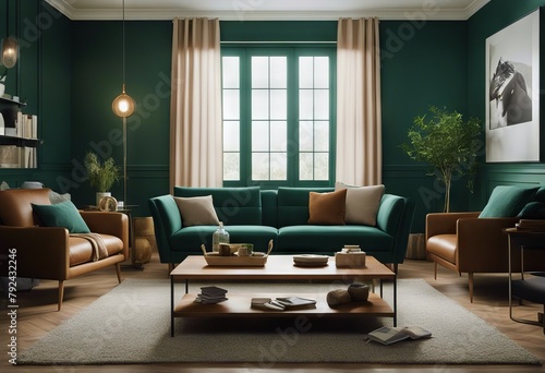 interior brown 3d table room render sofa green home living Dark decor
