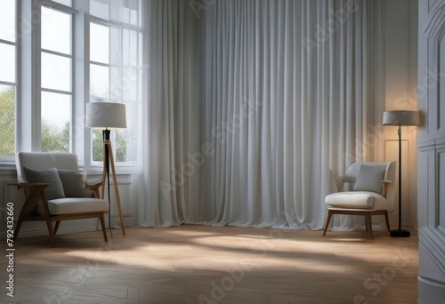 mockup sheer floor wood wood 3D curtain empty illustration room lamp White floor