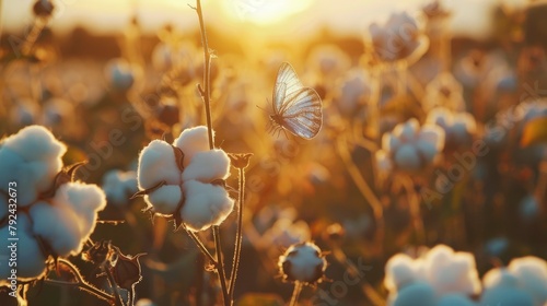 Cotton farms during harvest season have butterflies on them photo