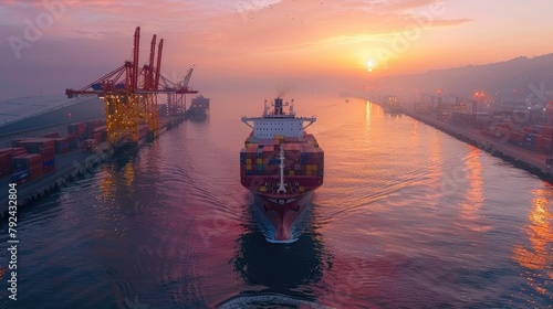 Cargo ship dwarfs colorful container cranes as it enters a bustling international port at sunrise