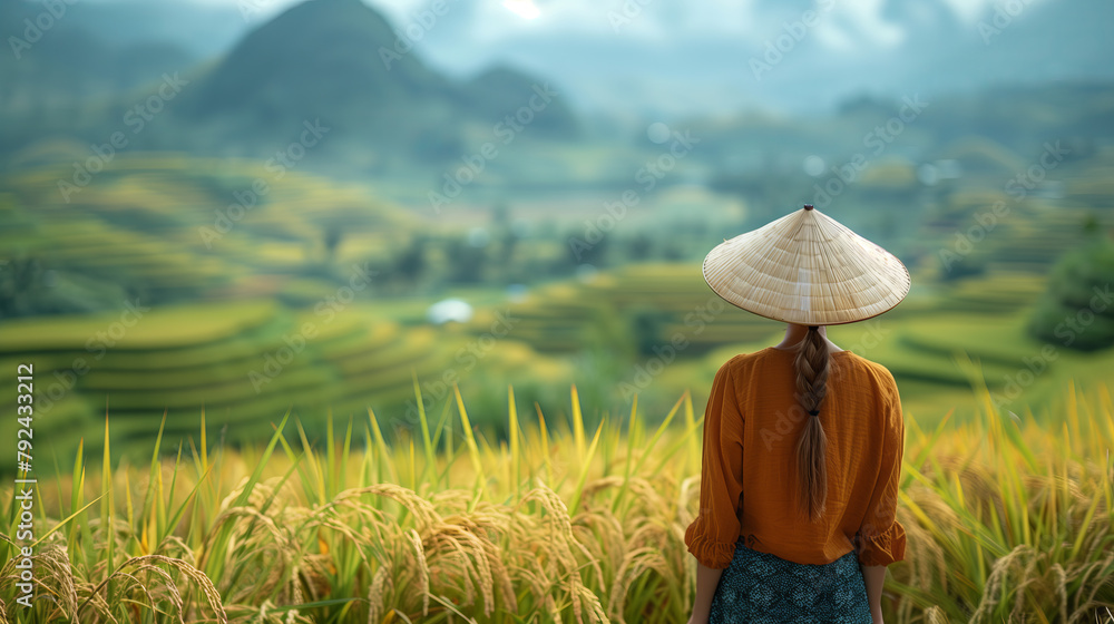 girl in traditional vietnamese conical hat looking at the terraced rice fields in Vietnam