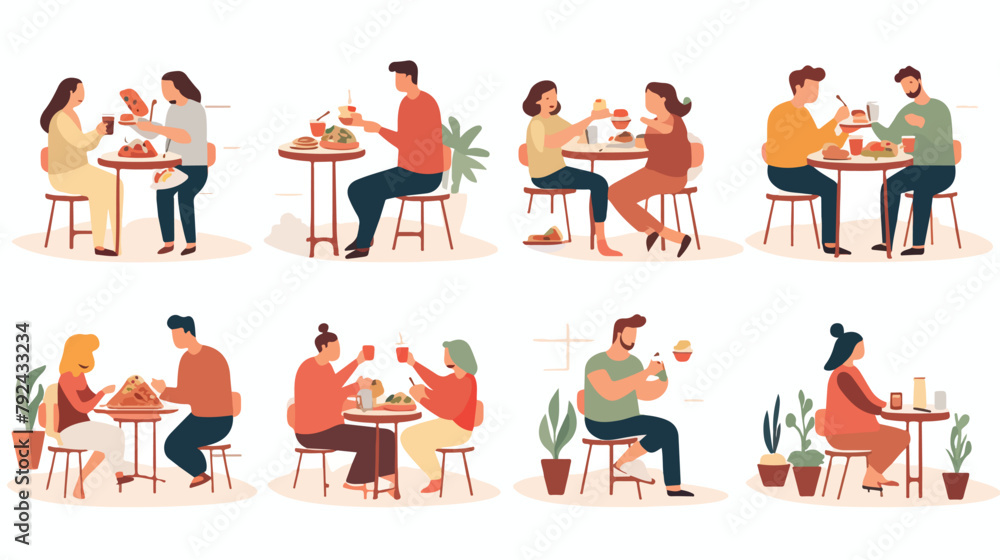 Set of people eating food at home cafe and outdoors
