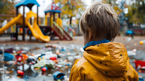 Forlorn Child Amid Discarded Toys and Litter in Autumn Playground photo