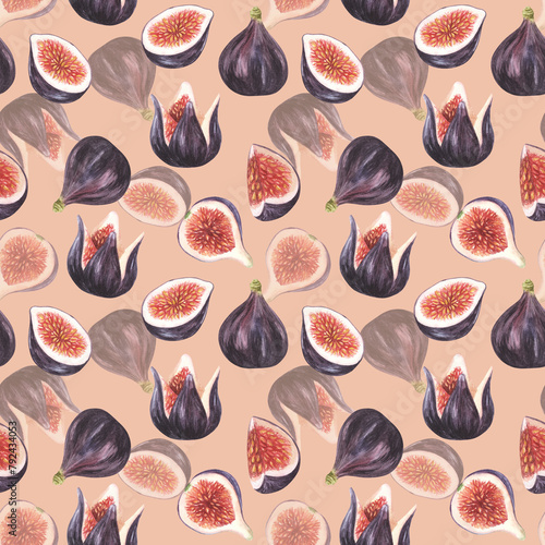 Watercolor fruit border design with figs and leaves on white background. Horizontal seamless pattern.