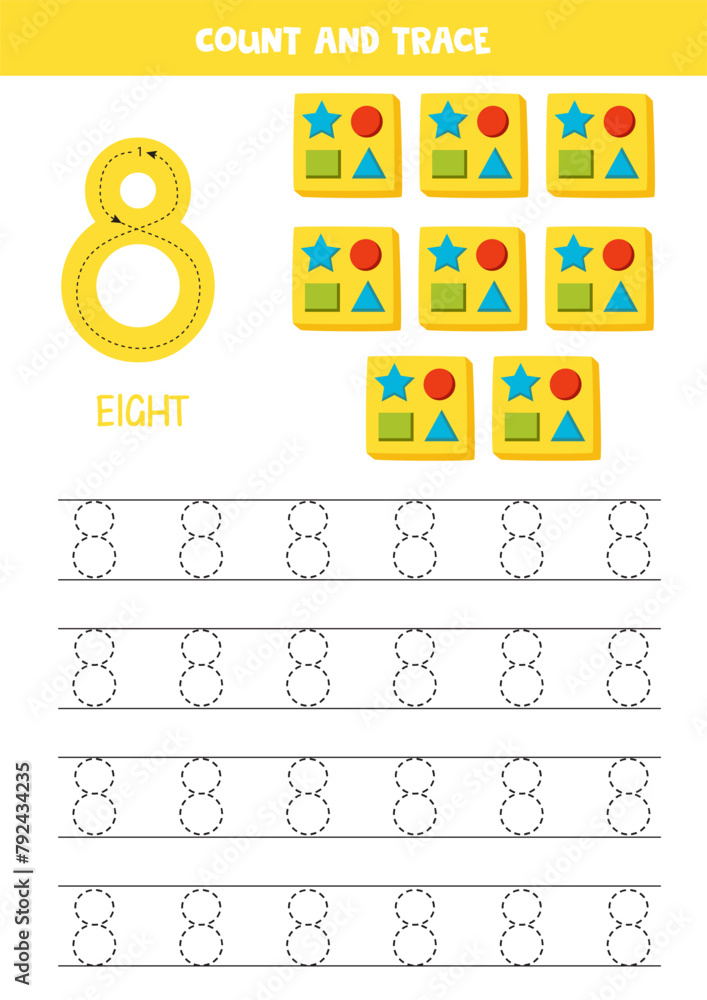 Numbers tracing practice. Writing number eight. Wood sorters. Numbers tracing practice. Writing number eight. Wood sorters.