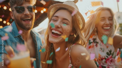 Festive party atmosphere with floating confetti: portrait of a happy girl among her friends having fun in the sunset sun
