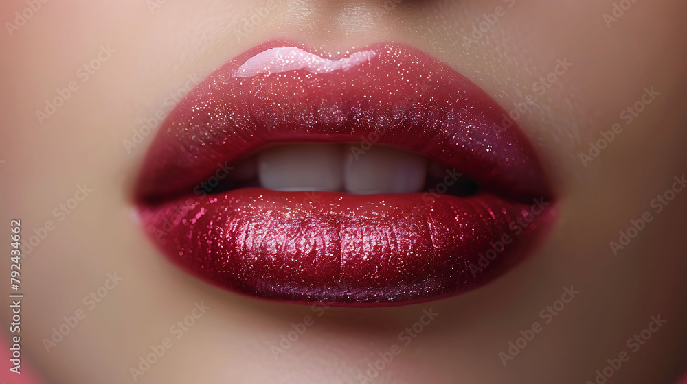Front view closeup of glossy, rose lips with an ombre effect. Front view closeup of glossy, rose lips with an ombre effect.