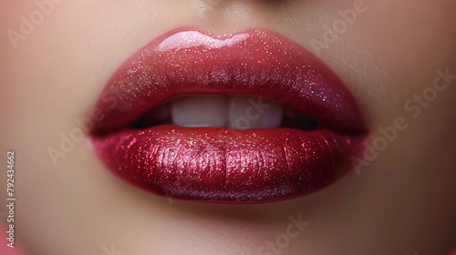 Front view closeup of glossy, rose lips with an ombre effect. 