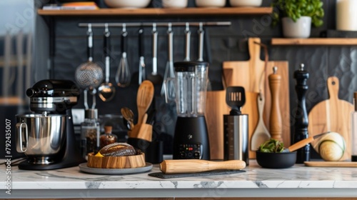 A food blogger snaps a photo in their modern kitchen showcasing an impressive selection of kitchen tools on a marble countertop. From a sleek immersion blender to a rustic wooden rolling .