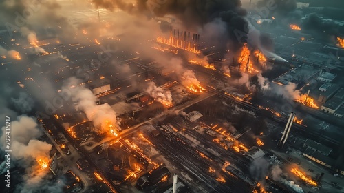 Aerial view of a large industrial area with multiple fires burning, emergency services in action, conveying urgency and disaster management.