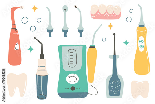 Oral irrigators set, cartoon water jet collection, icons of portable water flossers for teeth cleaning, vector illustration of dental hygiene, mouth health care, orthodontic device for flossing braces
