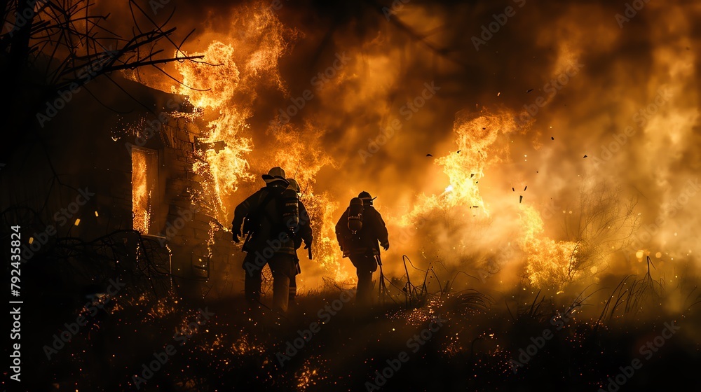 Firefighters rescuing a trapped family from a burning building, intense ...